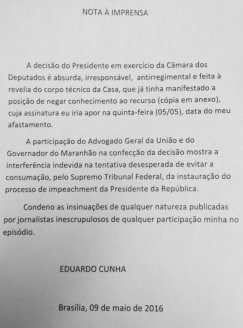 Golpista Cunha declara não ter nada a ver com decisão de Maranhão