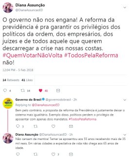 Twitter do Governo reafirma mentiras sobre reformas em polêmica com Diana Assunção