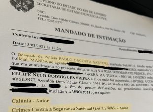 Polícia intima Felipe Neto com lei da ditadura após ele dizer que Bolsonaro é um genocida
