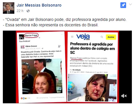 Bolsonaro compara ovada que levou com espancamento de professora