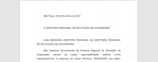 Carta à DRE Guaianazes aponta falta de estrutura nas escolas diante imposição de reabertura