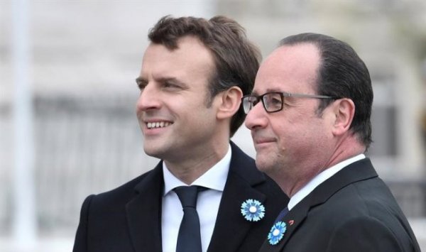 Hollande e Macron, juntos logo após a vitória sobre Le Pen